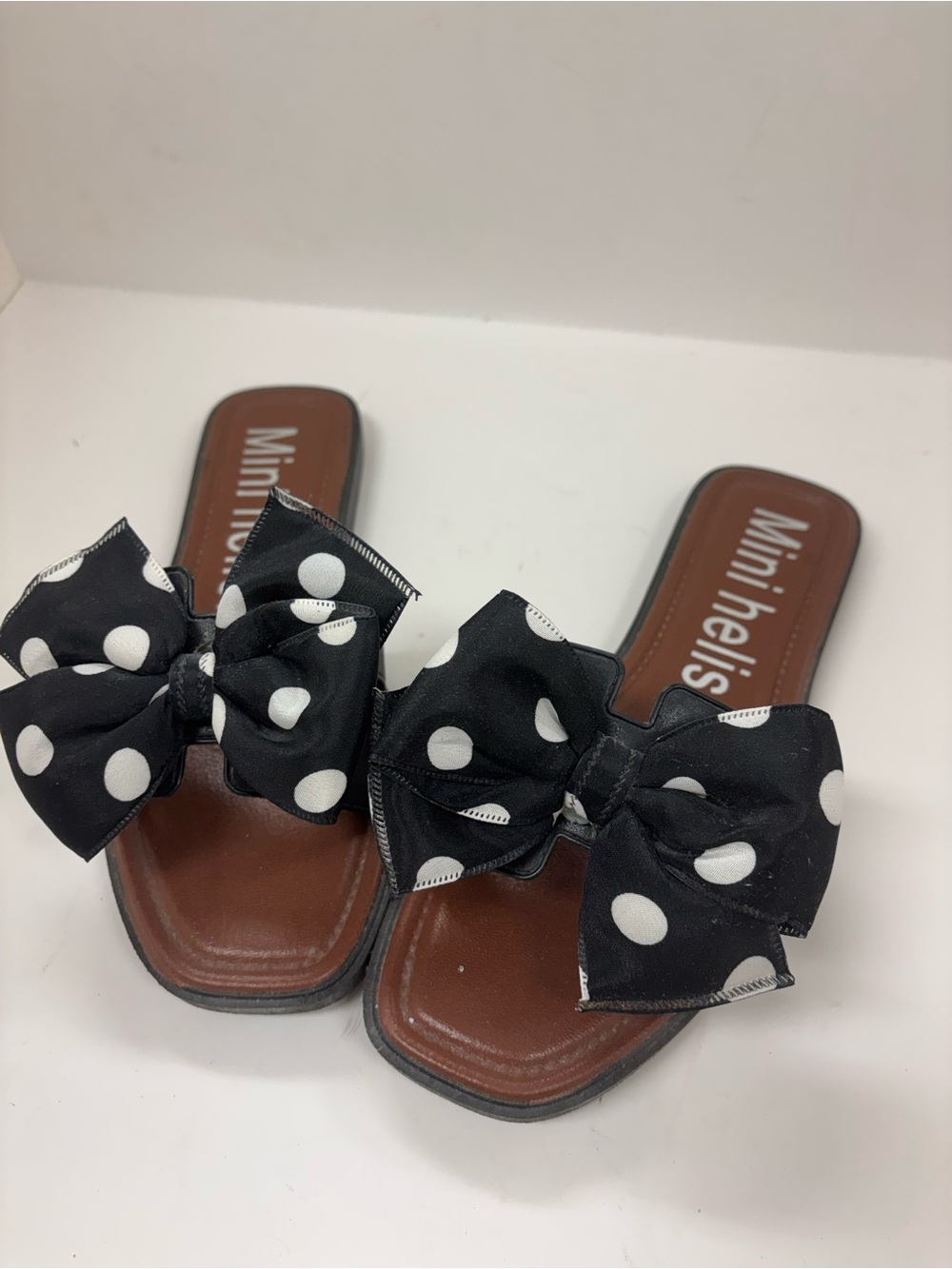 SLIP ON BOW COQUETTE SANDALS HELISHA 
WOMEN 7.5 / 38  BLACK & WHITE POLKA DOT